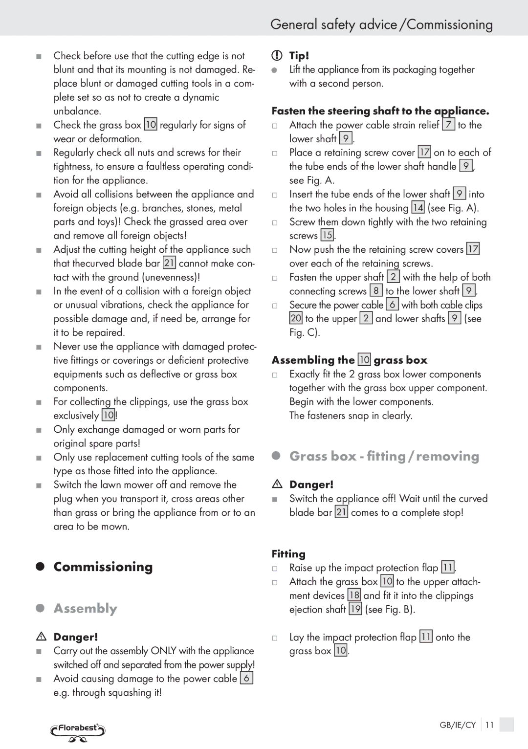 Kompernass FSM R1 manual General safety advice /Commissioning , Assembly, Grass box fitting / removing 